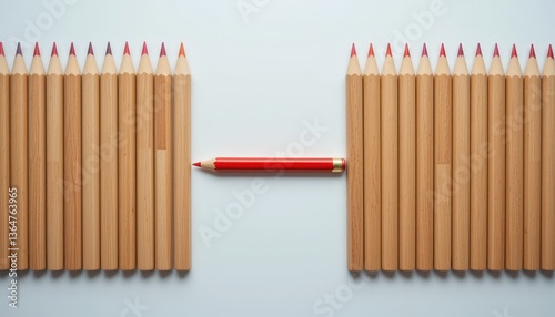 Red pencil bridging gap between colored pencil rows