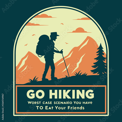 Go Hiking Adventure: Silhouette Hiker in Mountain Landscape