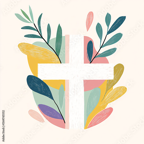 white christian cross surrounded by colorful abstract leaves, modern spiritual illustration combining faith with vibrant graphic floral design on soft background