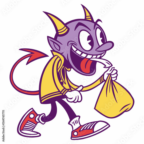 Mischievous Cartoon Devil Carrying a Sack, Retro Style Illustration