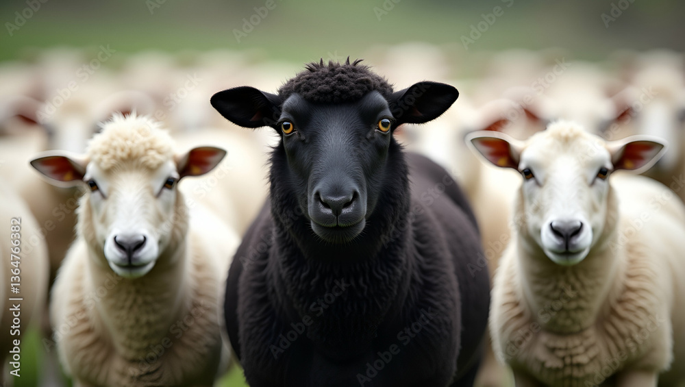 Flat Black Sheep Standing Out in a Flock of White Sheep: A Cute Vector Illustration Representing Unique Business Strategies and Individuality in a Pasture Setting Flat Black Sheep Standing Out in a Flock of White Sheep: A Cute Vector Illustration Representing Unique Business Strategies and Individuality in a Pasture Setting
