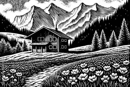Idyllic landscape black and white in the Alps with mountain chalet and meadows hand drawn outline