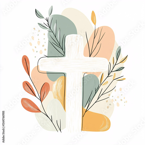 white christian cross surrounded by colorful abstract leaves, modern spiritual illustration combining faith with vibrant graphic floral design on soft background