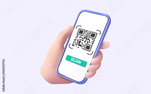 3d Vector illustration of Online payment concept. QR code scanning payment on mobile.  Bill payment, Payment transaction, Scan QR code, Financial transaction, Online shopping, Money transfer. Eps 10