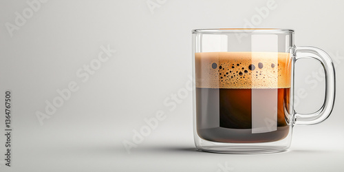 Aromas in a Glass: A close-up view of a clear glass mug filled with freshly brewed, rich coffee. The beverage's layered tones and creamy froth tantalize the senses, perfect for coffee lovers