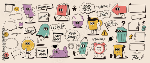 Digital stickers with retro characters for schedules and lesson plans