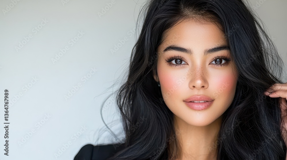 Elegant and Confident Asian Female Model Posing in Contemporary Studio Portrait with Flawless Skin Stylish Makeup and Radiant Expression Elegant and Confident Asian Female Model Posing in Contemporary Studio Portrait with Flawless Skin Stylish Makeup and Radiant Expression
