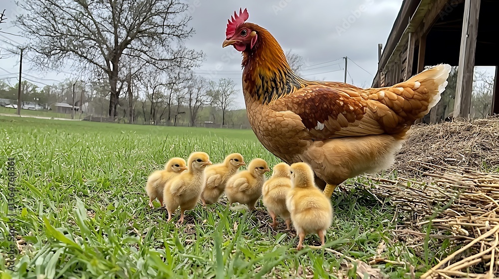 Fototapeta premium Mother hen with chicks in a grassy field