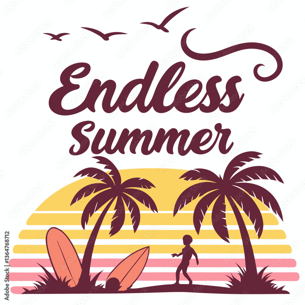 Obraz premium Endless Summer: Surfer Silhouette at Sunset with Palm Trees and Surfboards