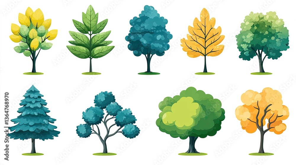Fototapeta premium Collection of diverse cartoon trees, showcasing various shapes, colors, and foliage
