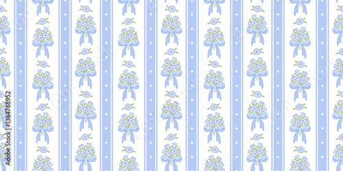 Floral bow cute vector pattern background, vertical stripe ribbons with tiny flowers, adorable spring wallpaper design