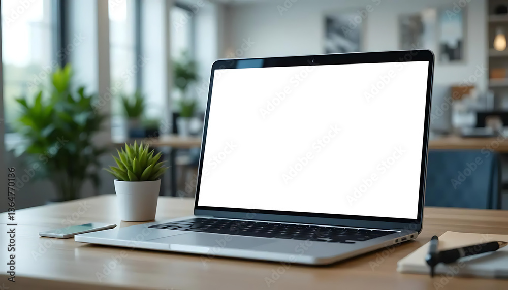 Laptop with blank white screen, wooden desk, small potted succulent, pen and notebook, modern office interior, bright lighting, minimalist workspace, blurred background, clean aesthetic, professional Laptop with blank white screen, wooden desk, small potted succulent, pen and notebook, modern office interior, bright lighting, minimalist workspace, blurred background, clean aesthetic, professional