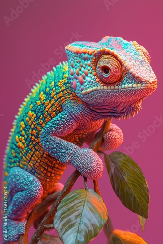 Colorful chameleon resting on branch with green leaves against coral background
