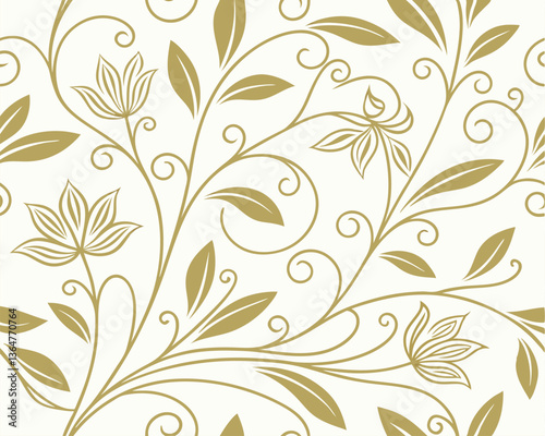 Luxury golden flowers and leaves repeat, sophisticated botanical illustration on a clean white backdrop