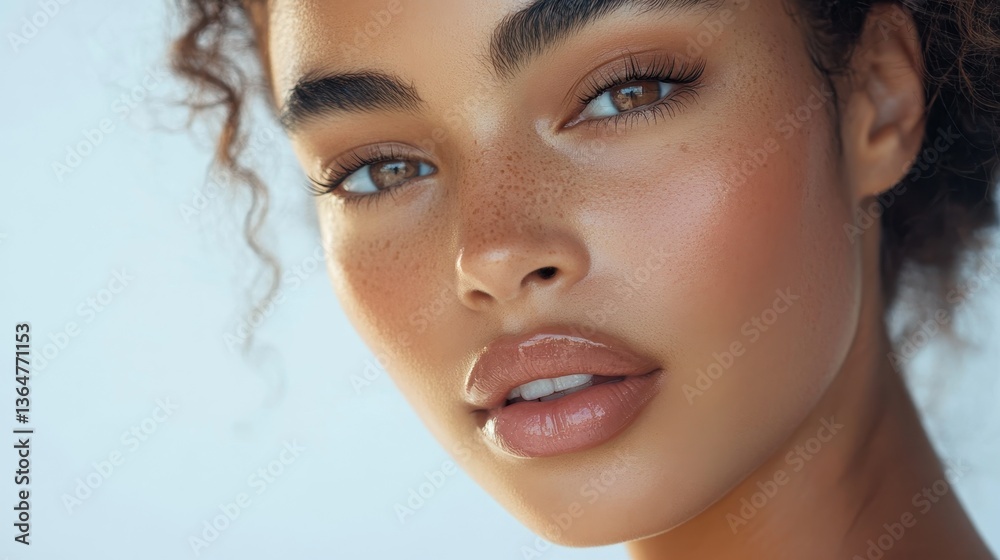 Naklejka premium Radiant Portrait: A close-up shot of a young woman with sun-kissed skin, freckles, and alluring eyes, showcasing beauty and natural elegance.