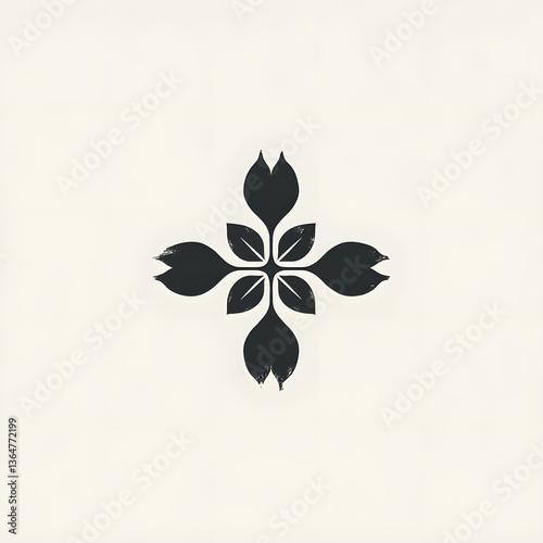 Simple botanical cross logo with leaf elements and ink brush texture, minimalist medical emblem for wellness and herbal healing