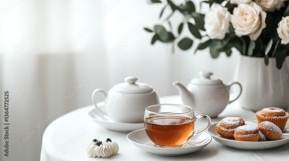 Peaceful morning tea time with a selection of homemade cookies or pastries a traditional teapot and cups and a beautiful floral arrangement of fresh roses Peaceful morning tea time with a selection of homemade cookies or pastries a traditional teapot and cups and a beautiful floral arrangement of fresh roses