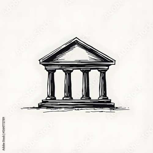 Minimalist courthouse or bank building icon with ink wash brush effect, featuring classic columns and traditional architecture