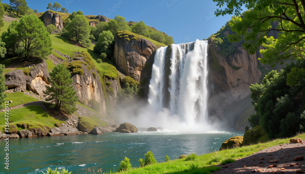 Fototapeta premium Majestic waterfall cascading into serene lake, nature's grandeur