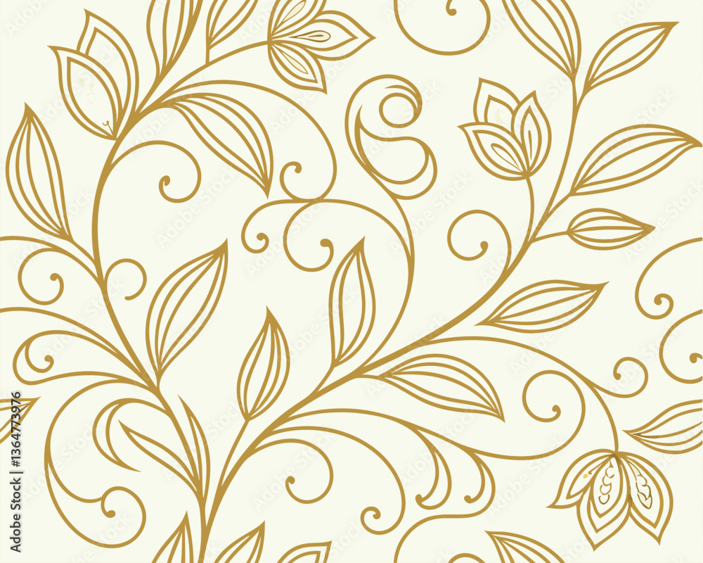 Luxury golden flowers and leaves repeat, sophisticated botanical illustration on a clean white backdrop Luxury golden flowers and leaves repeat, sophisticated botanical illustration on a clean white backdrop
