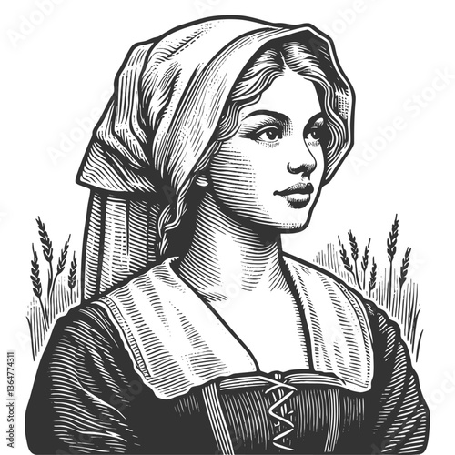 Dutch woman with curly hair, wearing a simple bonnet and traditional square-neck dress sketch engraving generative ai fictional character vector illustration. Scratch board. Black and white image.