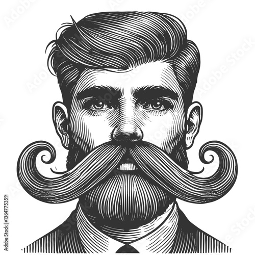 gentleman with an exaggerated, curled mustache, blending classic portraiture with humorous and artistic surrealism sketch engraving generative ai vector illustration. Scratch board. Black and white.