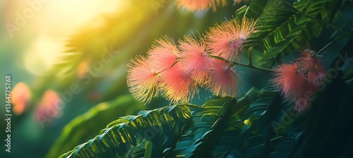  The bright, feathery leaves of a mimosa tree glowing in the gentle morning light, with a few pink blossoms visible. 