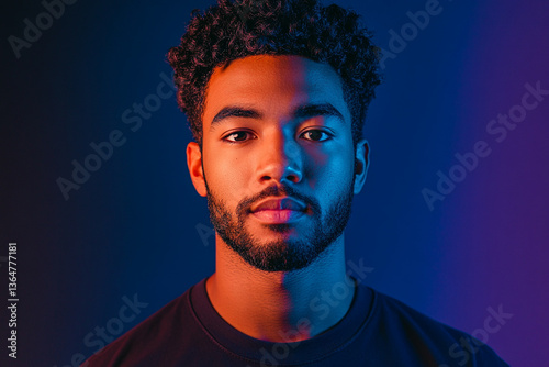 A portrait of a handsome young man with short, curly black hair and a well-groomed beard, illuminated by dynamic, colorful lighting.