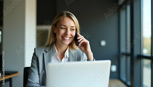 Flat Vector Illustration of a Happy Middle-Aged Businesswoman Making a Call at Her Office