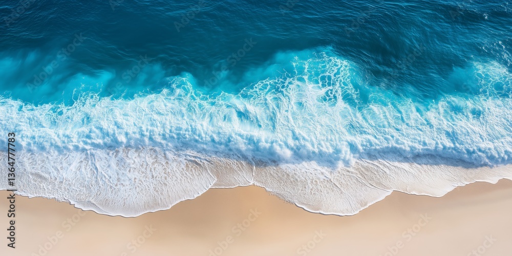 Fototapeta premium Aerial view of vibrant turquoise ocean waves washing onto a pristine sandy beach, featuring clear water textures and detailed wave foam patterns — ideal for coastal, nature, or travel concepts.