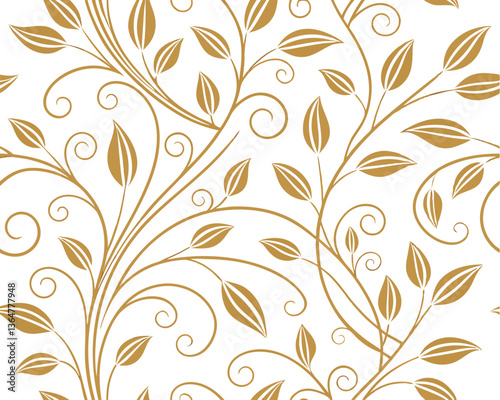 Luxury golden flowers and leaves repeat, sophisticated botanical illustration on a clean white backdrop