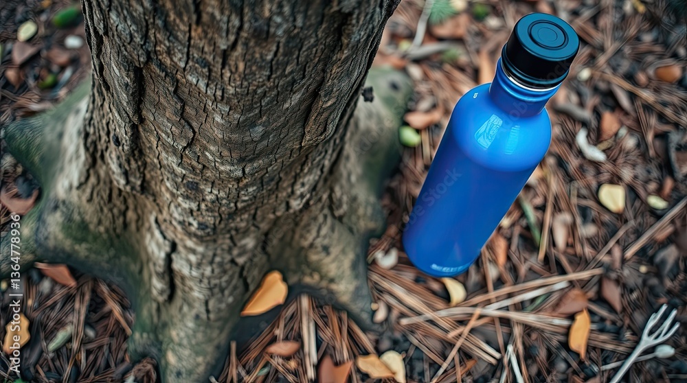 Obraz premium Bright blue water bottle resting against a tree trunk