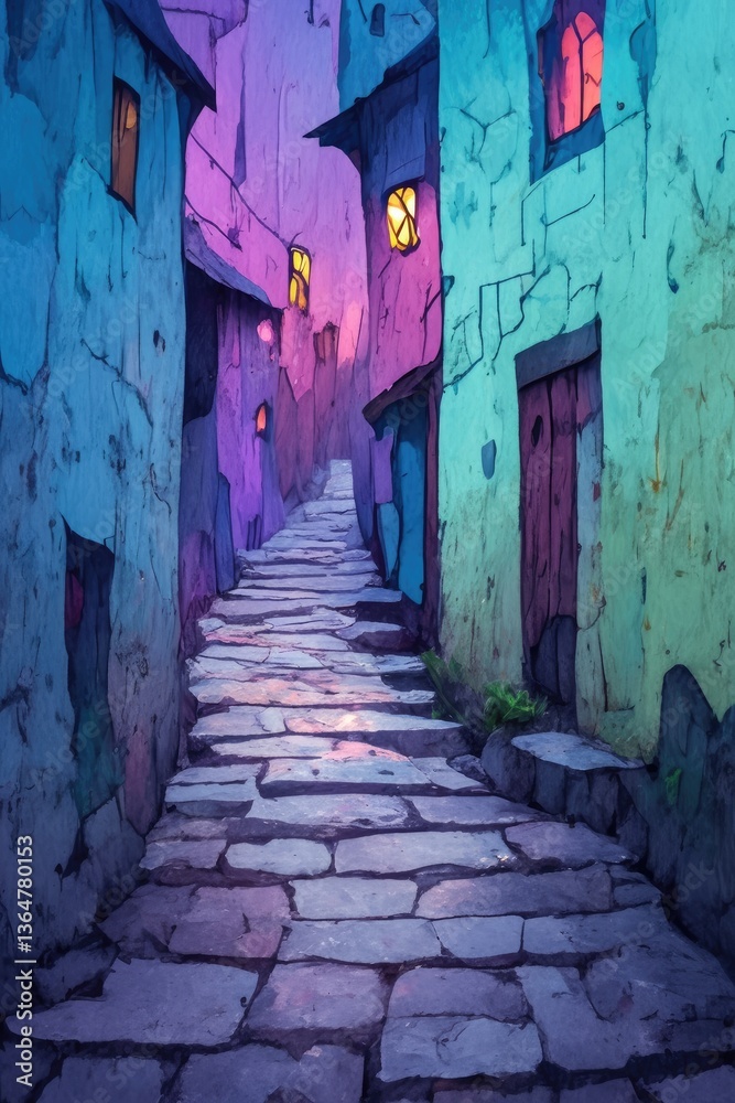 A narrow and winding cobblestone street between colorful buildings at dusk A narrow and winding cobblestone street between colorful buildings at dusk