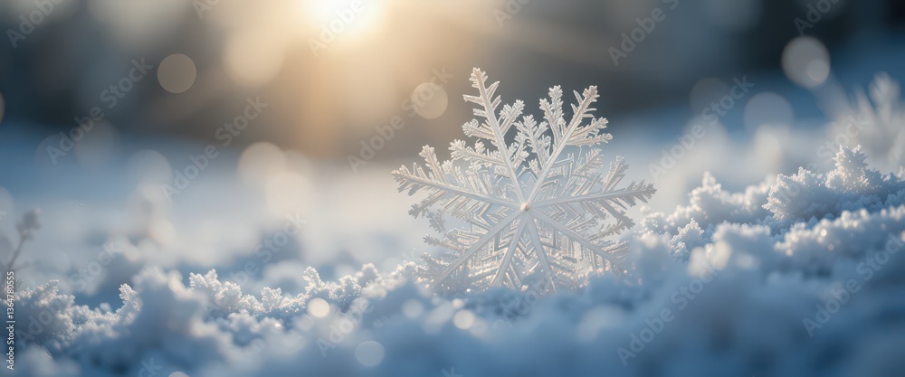 Close-up of a delicate snowflake on fresh snow with sunlight. Close-up of a delicate snowflake on fresh snow with sunlight.
