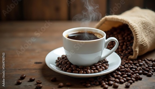 Steaming Cup of Black Coffee with Roasted Beans and Burlap Bag