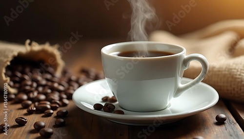 Steaming Cup of Coffee with Beans on Wooden Table Background