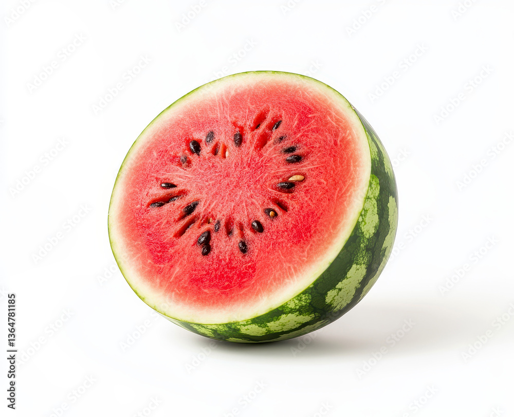 Sliced watermelon with vibrant red flesh and black seeds on a white background Sliced watermelon with vibrant red flesh and black seeds on a white background