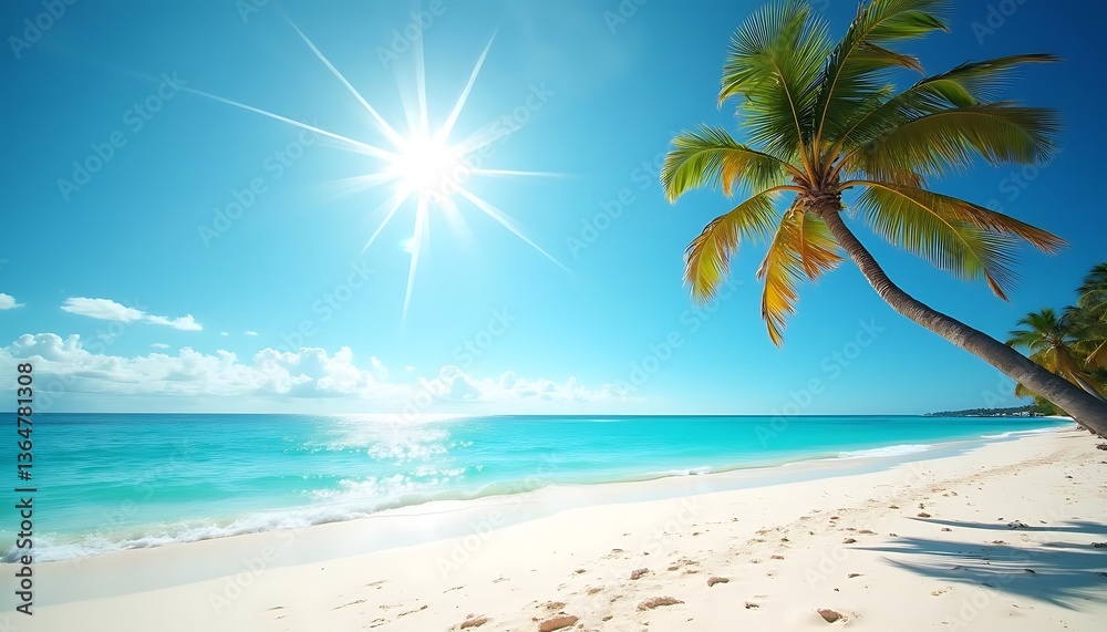 Relaxing Tropical Beach with Palm Tree, Turquoise Water, and Bright Sun Relaxing Tropical Beach with Palm Tree, Turquoise Water, and Bright Sun