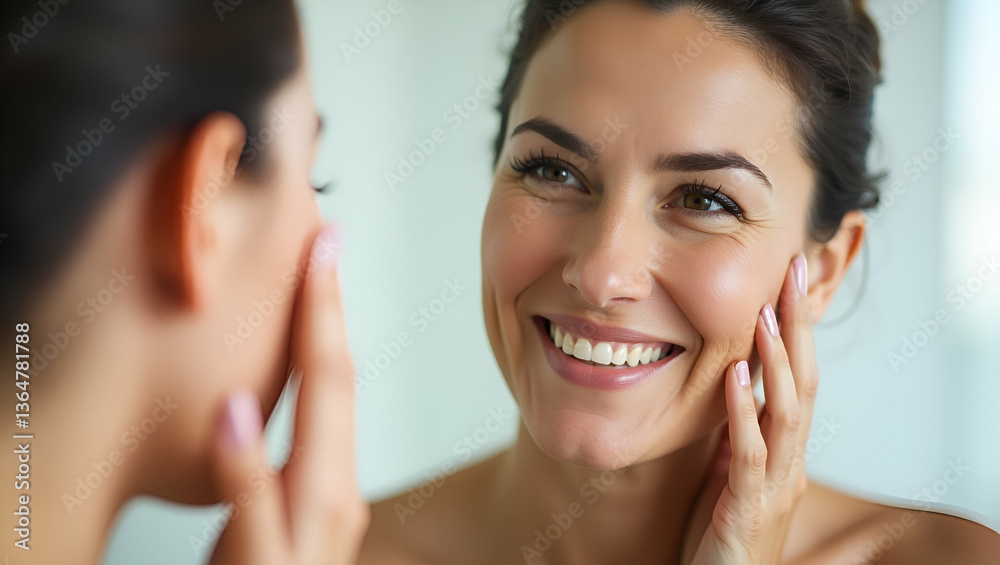 Close up portrait of gorgeous happy middle aged woman looking at mirror touching her skin enjoying treatment for dry skin advertising anti aging beauty skin care products. concept as Gorgeous middle a Close up portrait of gorgeous happy middle aged woman looking at mirror touching her skin enjoying treatment for dry skin advertising anti aging beauty skin care products. concept as Gorgeous middle a