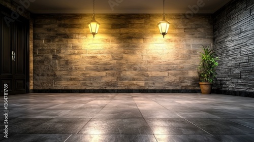 A dimly lit stone hallway features hanging lanterns illuminating a tiled floor and a potted plant.