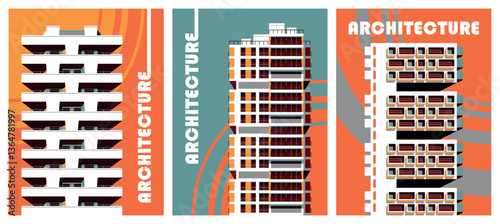 Set of 3 cityscape templates with views of modern brutalist residential high rise buildings. Hand drawn vector illustration. Pop art style of the 1970s.