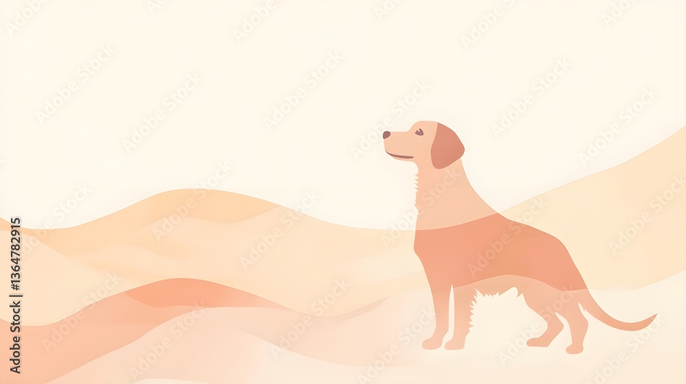 Fototapeta premium Playful dog standing on a hilltop, light orange silhouette against soft pastel landscape, perfect for pet-themed designs.
