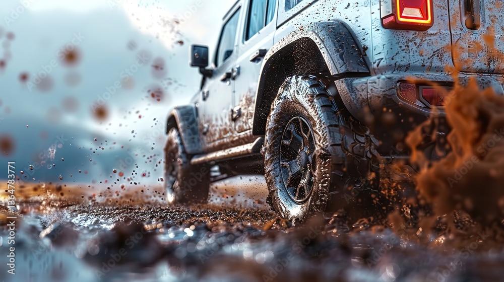 Fototapeta premium Close-up of a black off-road truck with large all-terrain tires on a gravel road, Pickup car are stopped on a dirt road.