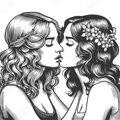woman kissing her mirrored reflection. Elegant and surreal artwork with intricate line details sketch engraving generative ai vector illustration. Scratch board imitation. Black and white image.