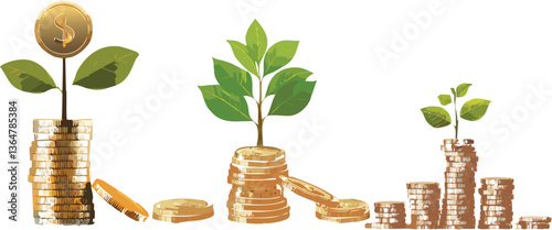 Coins on the tree. Business investment ideas coin tree planting and saving money tree coin tree money growth idea for bank or bank vector illustration.