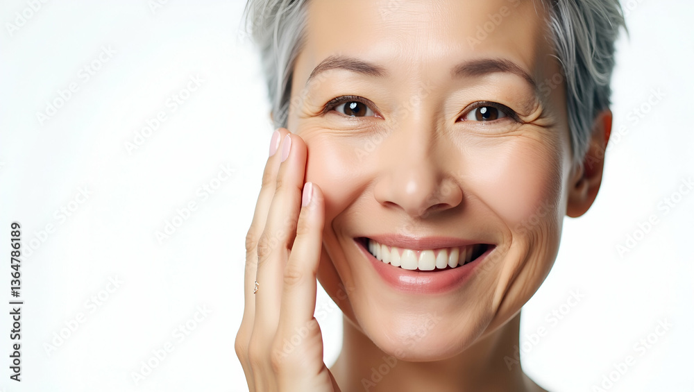 Close up portrait of happy middle aged mature Asian woman senior 50 year old lady looking at camera touching face isolated on white advertising eye lifting anti wrinkle skin care cream. concept as Rad