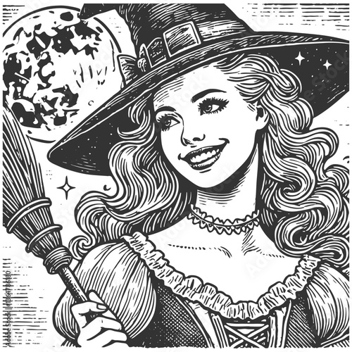 charming witch with long wavy hair, wearing a traditional pointed hat and smiling confidently sketch engraving generative ai vector illustration. Scratch board imitation. Black and white image.