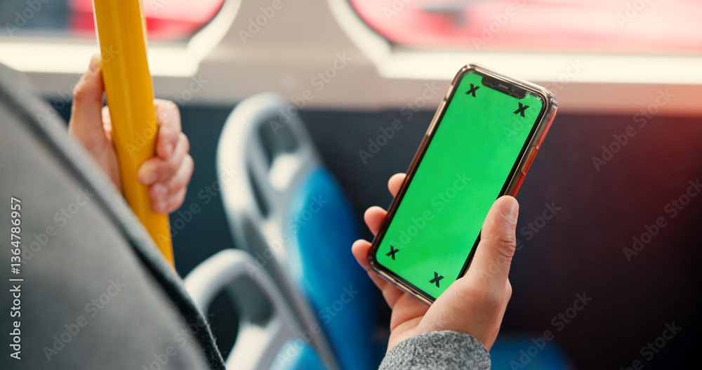 Naklejka premium Hand, phone and green screen in bus, app and user experience with tracking markers on commute. Person, smartphone and ui display with travel, mock up space and contact on public transportation