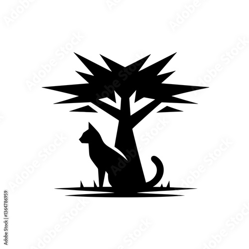 Cat sitting under stylized tree in African savanna