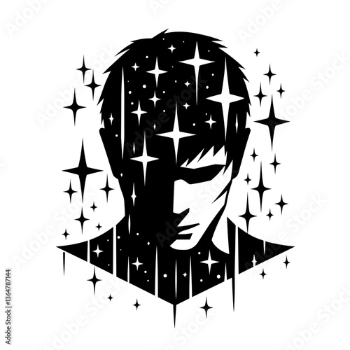 Man’s head with stars in surreal vector silhouette
